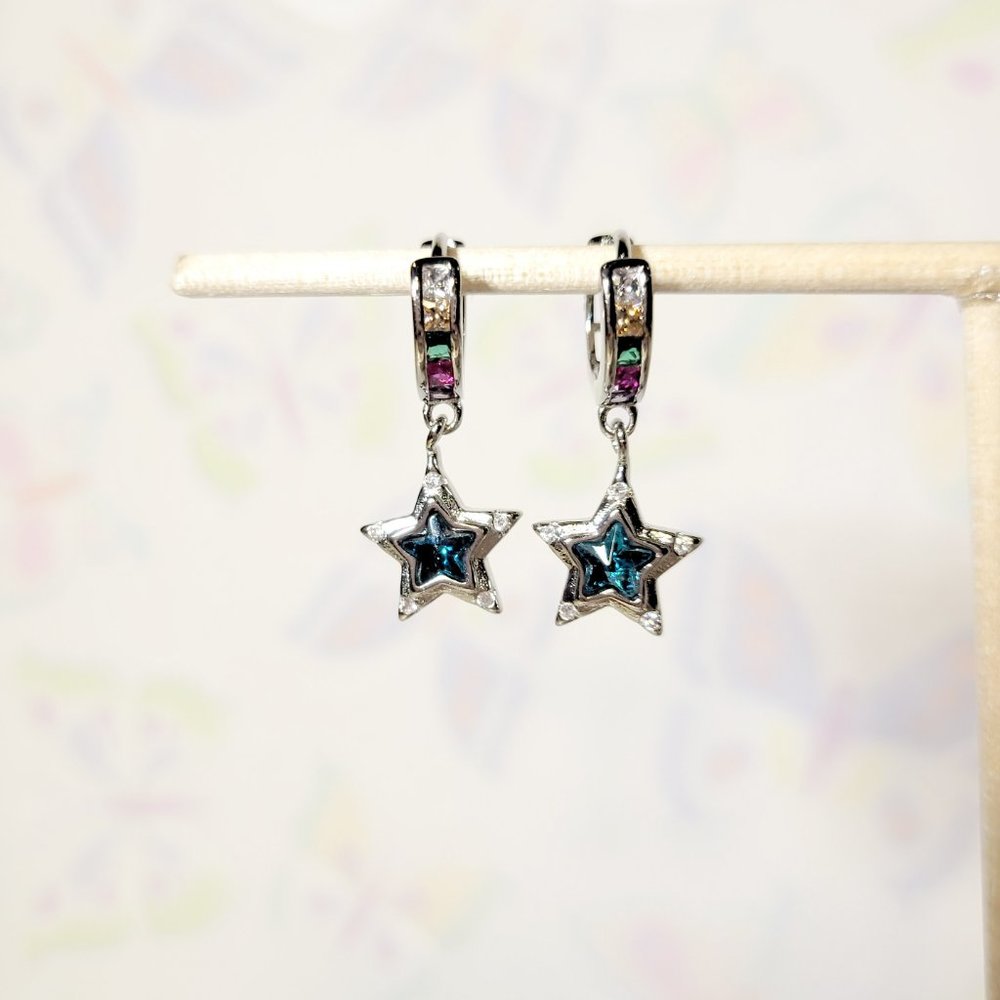 Sterling Silver Multi Color Blue Bomb Dangle Drop Star Huggie Hoop Earrings